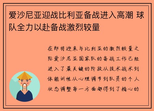 爱沙尼亚迎战比利亚备战进入高潮 球队全力以赴备战激烈较量