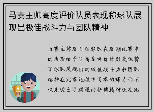 马赛主帅高度评价队员表现称球队展现出极佳战斗力与团队精神 马赛主帅高度评价队员表现称球队展现出极佳战斗力与团队精神