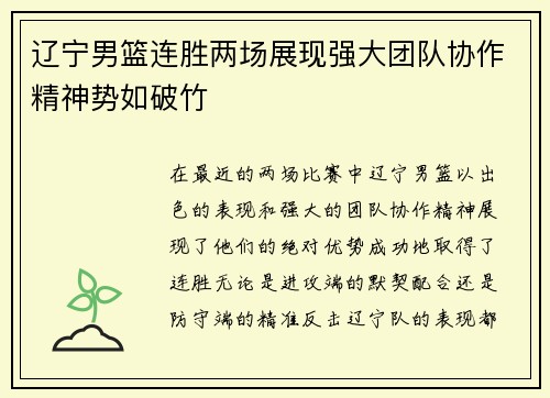 辽宁男篮连胜两场展现强大团队协作精神势如破竹